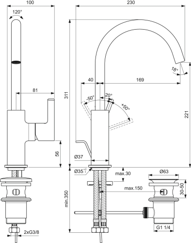Ideal Standard JOY magasított mosdó csaptelep lefolyógarnitúrával, króm BC777AA