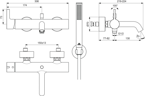 Ideal Standard JOY fali kádtöltő csaptelep zuhanyszettel, króm BC787AA