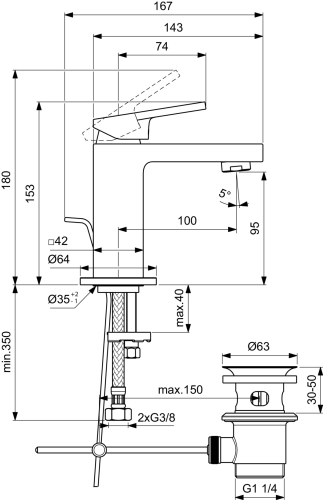 Ideal Standard EXTRA Piccolo mosdó csaptelep lefolyógarnitúrával, silver storm BD502GN