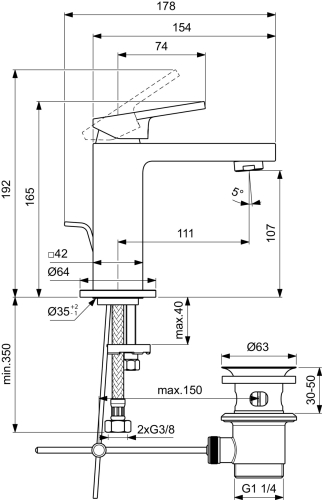 Ideal Standard EXTRA mosdó csaptelep lefolyógarnitúrával, silver strom BD500GN