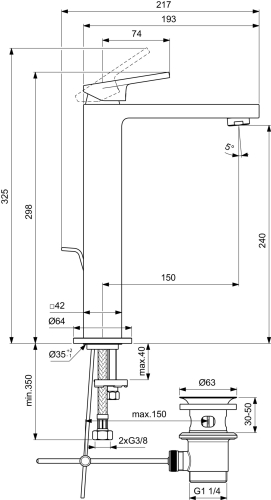 Ideal Standard EXTRA magasított mosdó csaptelep lefolyógarnitúrával, magnetic grey BD506A5