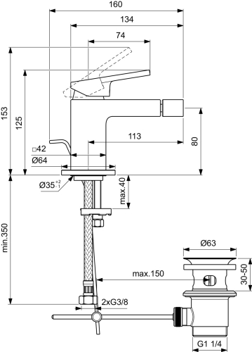 Ideal Standard EXTRA bidé csaptelep lefolyógarnitúrával, silver storm BD511GN