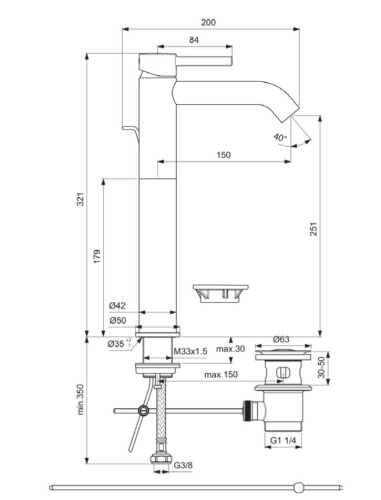 Ideal Standard CERALINE magasított mosdó csaptelep lefolyógarnitúrával, silk black BC194XG