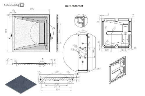 Radaway Doris C 90x90 szögletes öntöttmárvány zuhanytálca, szürke DC9090-52