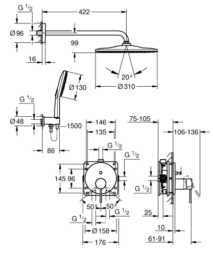 Grohe Essence falsík alatti zuhanyrendszer Mono 310 fejzuhannyal, króm 25287000