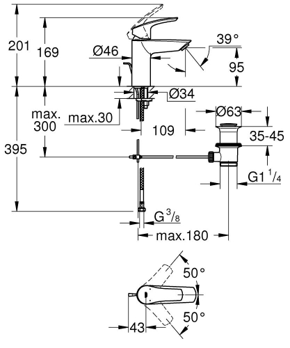 Grohe Eurosmart egykaros mosdócsaptelep automata leeresztővel S-es méret, matt fekete 332652433