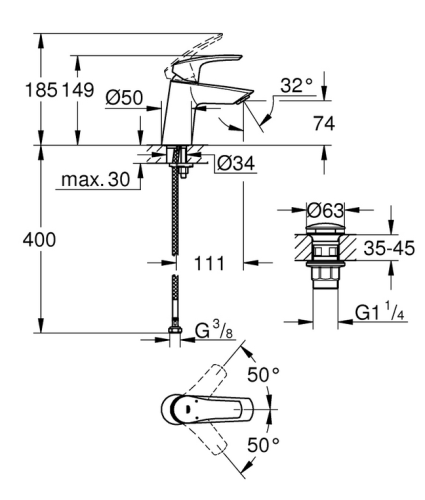 Grohe Eurosmart egykaros mosdócsaptelep klikk-klakkos leeresztővel S-es méret, matt fekete 239682433