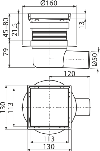 Alcaplast padlóösszefolyó 130×130 mm vízszintes, kétoldalas rozsdamentes rács, vizes bűzzár APV140