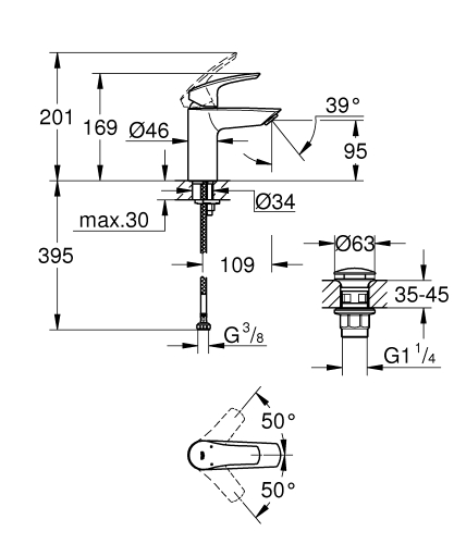 Grohe Eurosmart egykaros mosdócsaptelep S-es méret klikk-klakkos leeresztővel, matt fekete 239222433