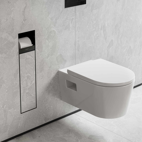 Hansgrohe XtraStoris Rock falba süllyesztett WC kefe tartó WC papír tartóval és csempézhető ajtóval, matt fekete 56062670