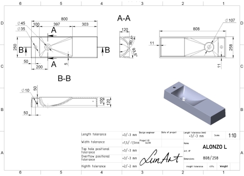 LunArt Alonzo L 81x26 cm balos mosdó, RAL szín 5999123005243-C