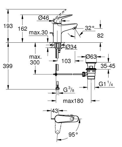 Grohe Swift egykaros mosdócsaptelep automata leeresztővel S-es méret, Cold Startos, króm 24322001