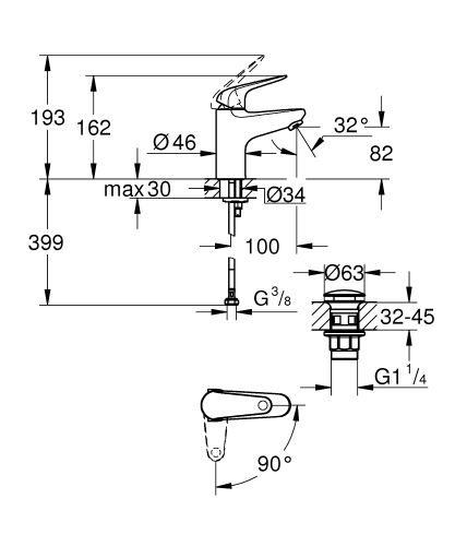 Grohe Swift egykaros mosdócsaptelep klikk-klakkos leeresztővel S-es méret, Cold Startos, króm 24323001