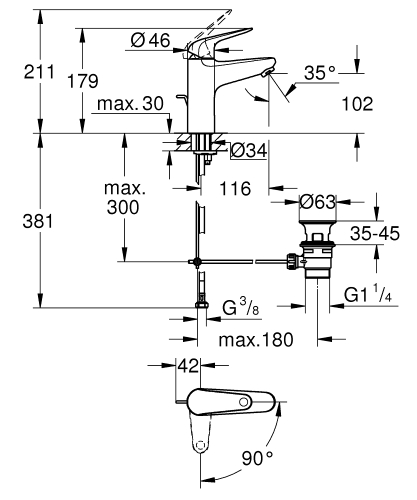 Grohe Swift egykaros mosdócsaptelep automata leeresztővel M-es méret, Cold Startos, króm 24328001