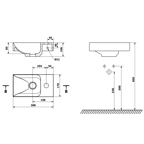 Sapho PICCOLINO 31x17 cm jobbos betonmosdó, antracit PK30516