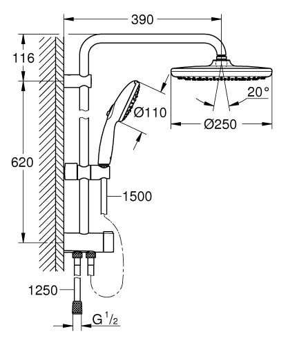 Grohe Tempesta System 250 Flex zuhanyrendszer diverterrel falra szereléshez, króm 26980001