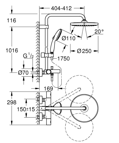 Grohe Tempesta System 250 termosztátos zuhanyrendszer kádtöltővel, króm 26978001