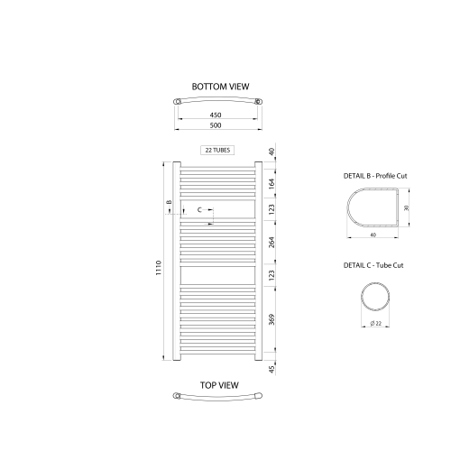 Sapho AQUALINE ALYA 500x1110 mm íves fürdőszobai radiátor, króm LLC201