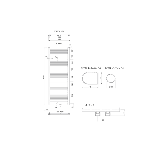 Sapho AQUALINE ALYA 600x1188 mm fürdőszobai radiátor középső bekötéssel, króm LLS303