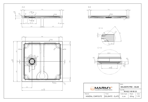 Marmy DOLOMITE PRO 80x80 zuhanytálca, Cavalli Black 80 8221 80 80 54