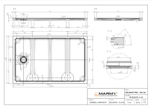 Marmy DOLOMITE PRO 90x140 zuhanytálca, Cavalli Black 80 8228 90 14 54