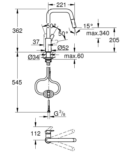 Grohe Eurosmart egykaros mosogatócsap kihúzható kétfunkciós zuhanyfejjel, matt fekete 306192430