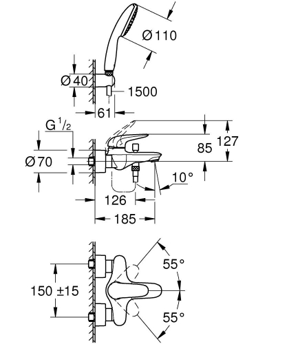 Grohe Eurostyle egykaros kádcsaptelep zuhanyszettel, króm 25286003