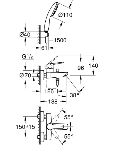 Grohe Eurosmart egykaros kádcsaptelep zuhanyszettel, króm 25276003