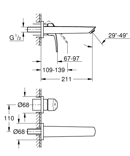 Grohe Eurosmart 2 lyukas fali mosdó csaptelep, M-es méret, matt fekete 293382433