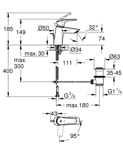 Grohe Eurosmart egykaros mosdócsaptelep S-es méret automata leeresztővel Cold Start-os, króm 23969003