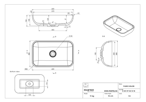 Marmy FABIO 60x38 cm mosdó, fehér 6 301 97 06 10 18