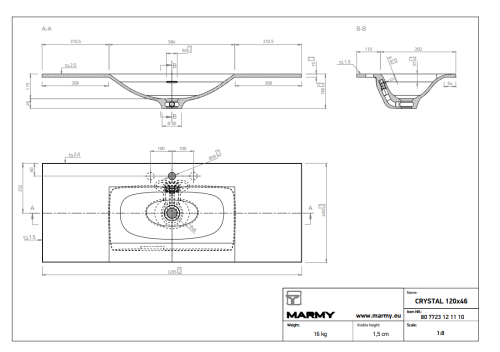 Marmy CRYSTAL 120x46 cm mosdó, fehér 80 7723 12 11 10