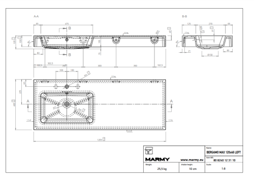 Marmy BERGAMO MAX 120x46 cm balos mosdó, fehér 80 8240 12 31 10