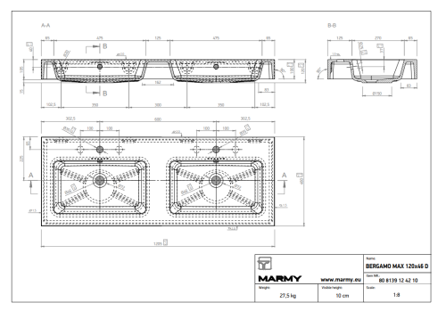 Marmy BERGAMO MAX D 120x46 cm mosdó, fehér 80 8139 12 42 10