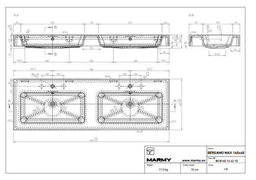 Marmy BERGAMO MAX D 140x46 cm mosdó, fehér 80 8140 14 42 10