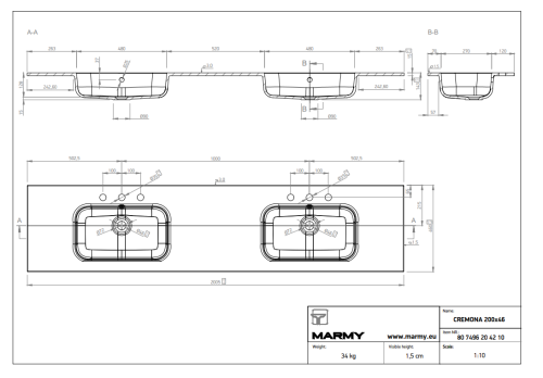 Marmy CREMONA D 200x46 cm mosdó, fehér 80 7496 20 42 10