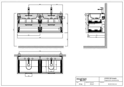 Marmy CODE 120 DUPLA alsószekrény, 4 fiók (mosdó nélkül) Tabacco, fekete fogantyúval 90 10 12 24 11 99