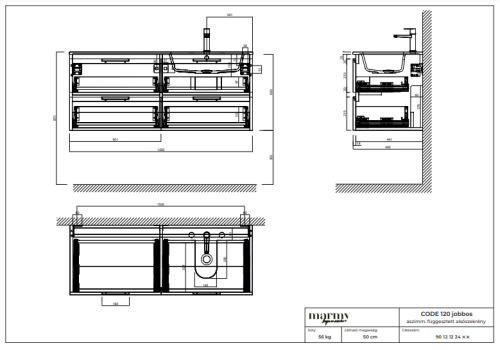 Marmy CODE 120 JOBB alsószekrény, 4 fiókkal (mosdó nélkül) Tabacco, króm fogantyúval 90 12 12 24 10 99
