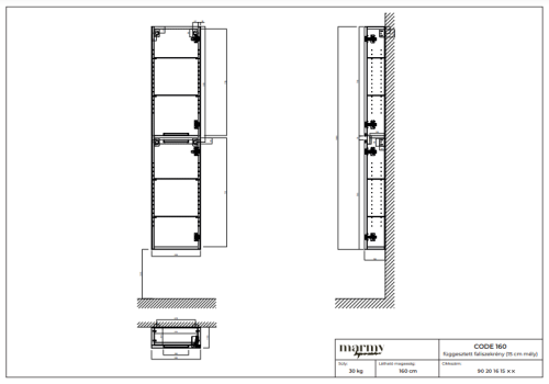 Marmy CODE 160 faliszekrény (15cm mély) Golden oak, fekete fogantyúval 90 20 16 15 11 55