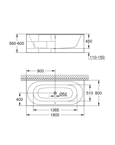 Grohe Essence 180x80 cm-es beépíthető fürdőkád, fehér 39617000