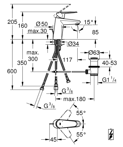 Grohe Eurodisc Cosmopolitan egykaros mosdócsaptelep nyitott rendszerű vízmelegítőhöz S-es méret, króm 33177002