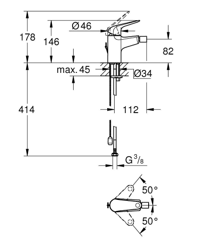 Grohe Euroeco egykaros bidécsaptelep Besüllyeszthető lánccal, króm 32882001