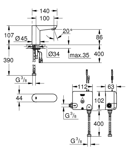 Grohe Euroeco Cosmopolitan E infrás mosdócsaptelep keverés nélkül 6V, Powerbox 36384000