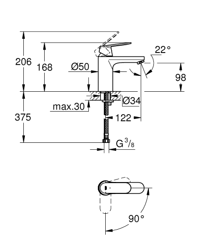 Grohe Eurosmart Cosmopolitan egykaros mosdócsaptelep M-es méret ColdStart-os, króm 2339800E