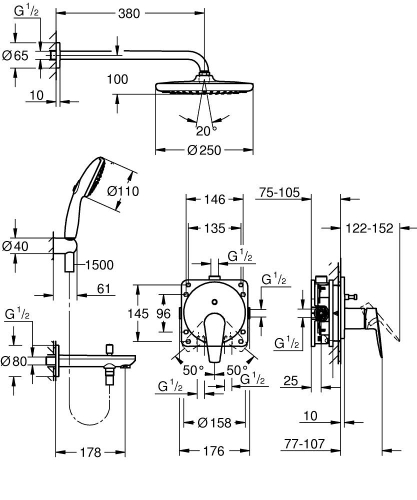 GROHE BauEdge rejtett zuhanyrendszer Tempesta 250 fejzuhannyal kádhoz, króm 25291000