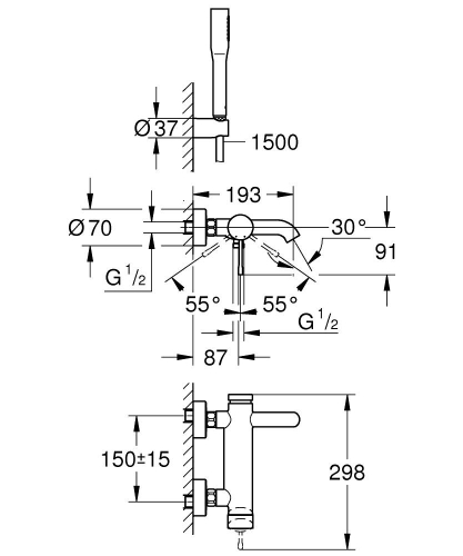 Grohe Essence egykaros kádcsaptelep zuhanyszettel, króm 25249001