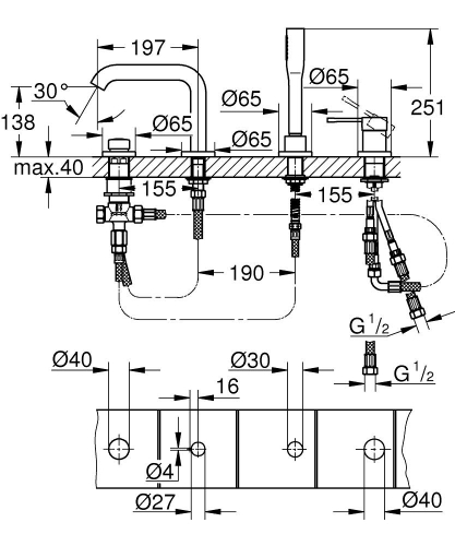 Grohe Essence 4-lyukas egykaros perembe építhető kádcsaptelep, króm 25251001