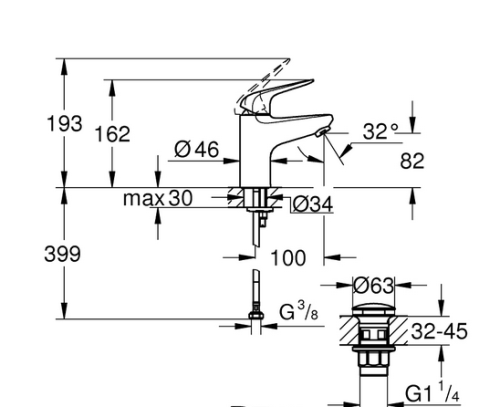 Grohe Euroeco egykaros mosdócsaptelep S-es méret klikk-klakkos leeresztővel, króm 24256001