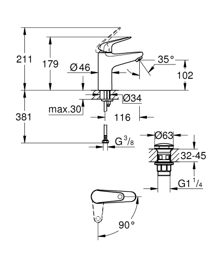 Grohe Euroeco egykaros mosdócsaptelep M-es méret klikk-klakkos leeresztővel ColdStartos, króm 24269001