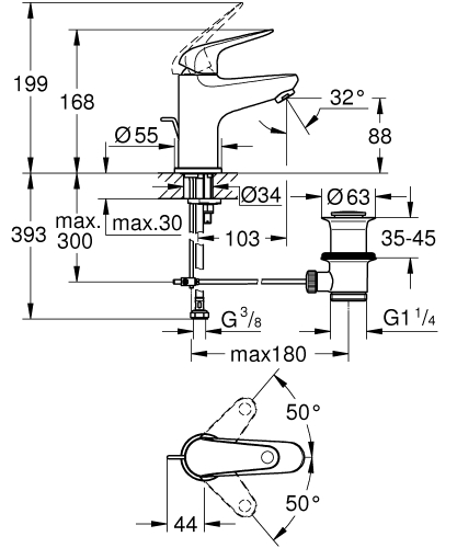 Grohe Euroeco egykaros mosdócsaptelep S-es méret automata leeresztővel, króm 24456000